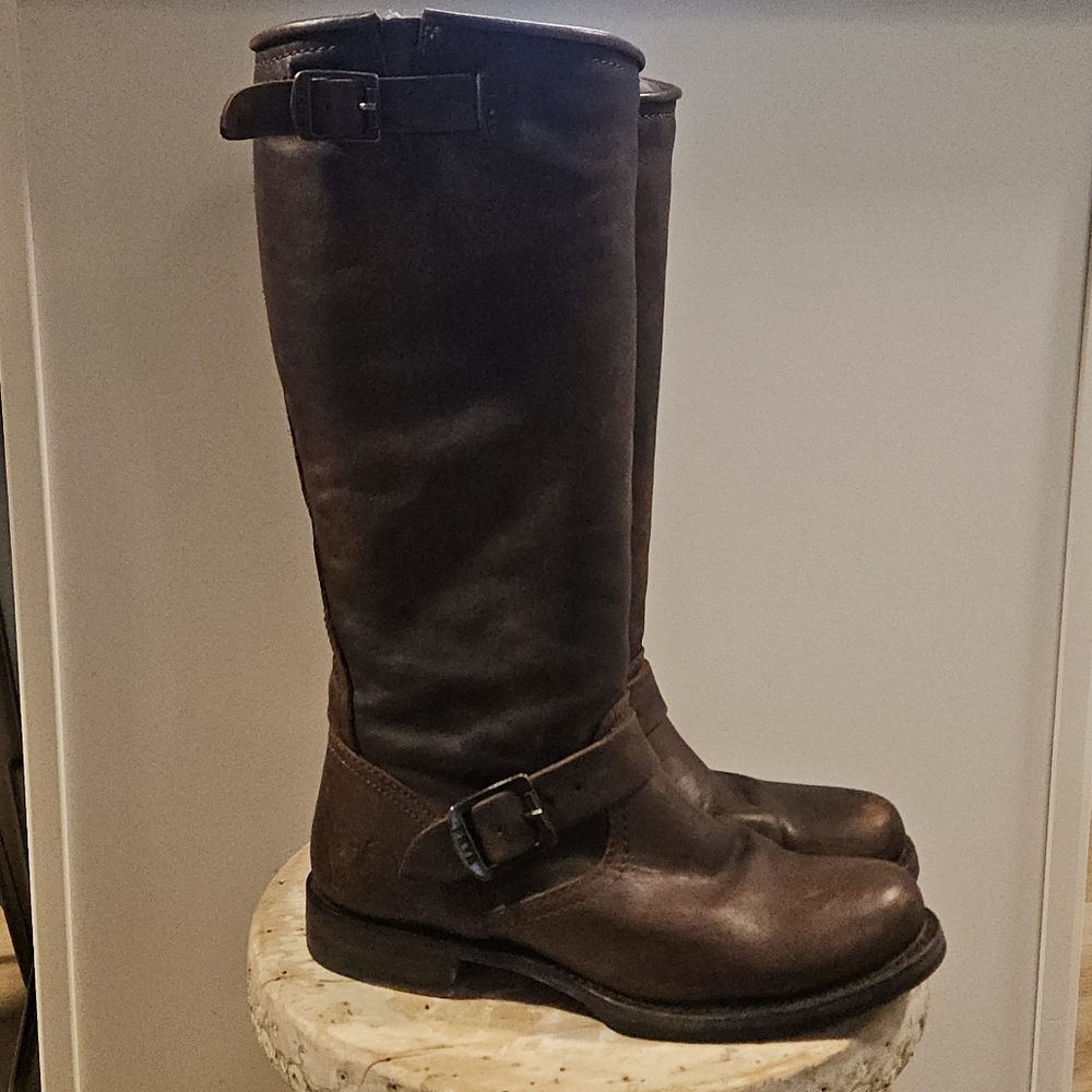 Frye Veronica Slouch Brown Leather Engineer Boots 8 - Picture 3 of 10
